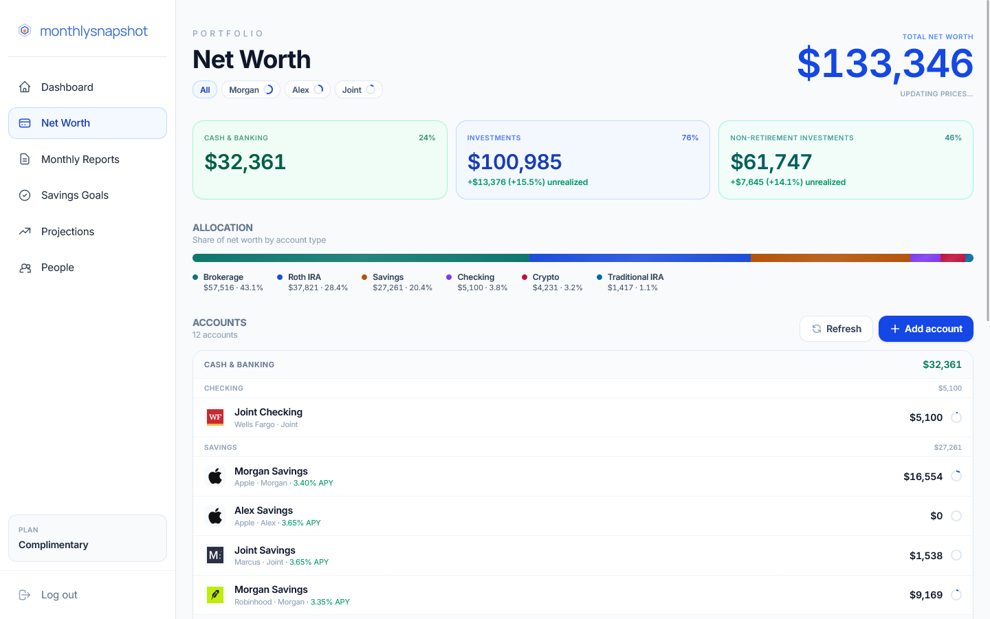 Net worth page with cash, investments, and allocation